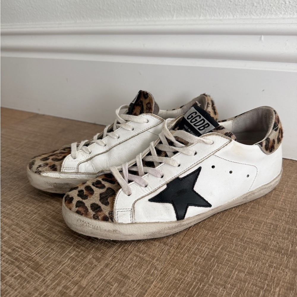 Golden Goose White and Leopard Print SuperStar Sneakers. IT 37, US 7